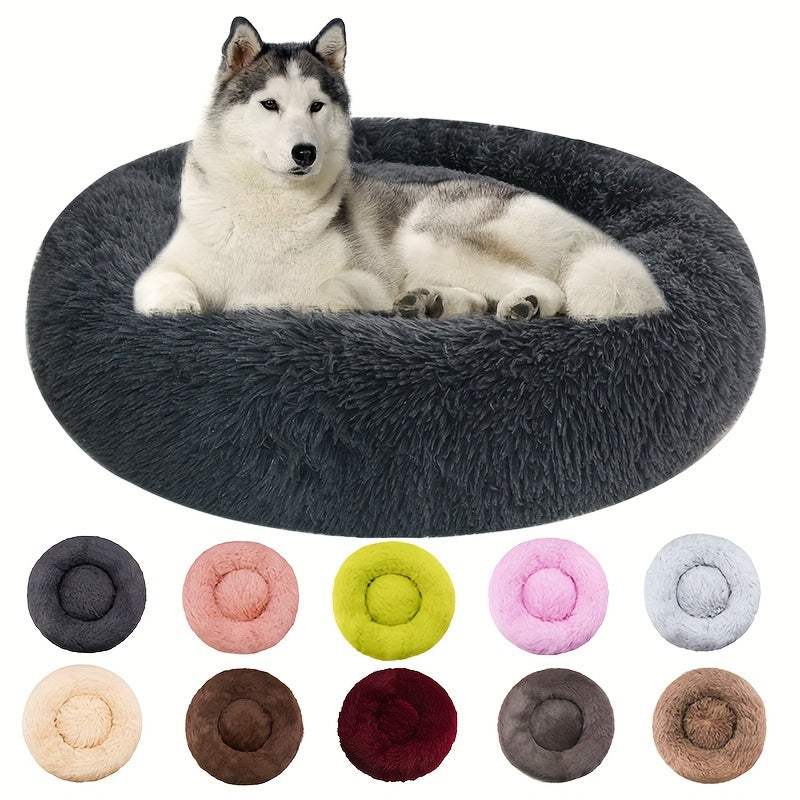Donut calming bed with a dog curled up in it