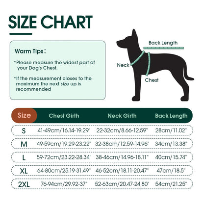 Vest size chart: chest girth, neck girth and back length for sizes S to 2XL