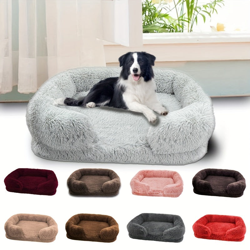 Long plush pet sofa bed, full view
