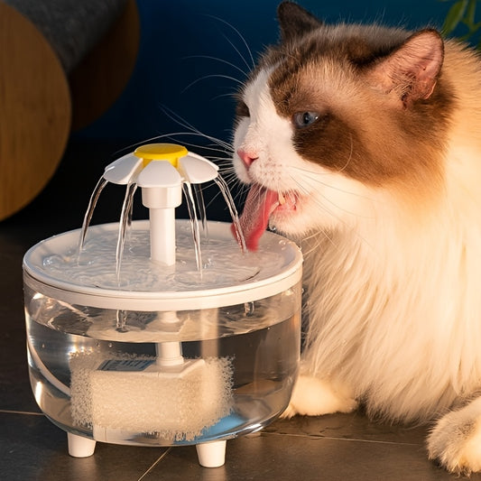 Flower-shaped pet water fountain with water running over the petals