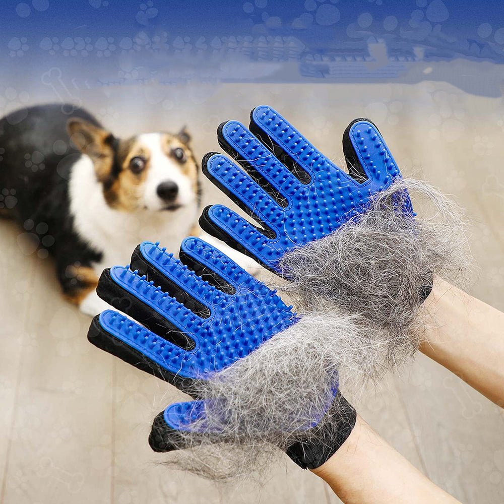 The glove lifting loose fur from a corgi while stroking