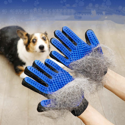 The glove lifting loose fur from a corgi while stroking