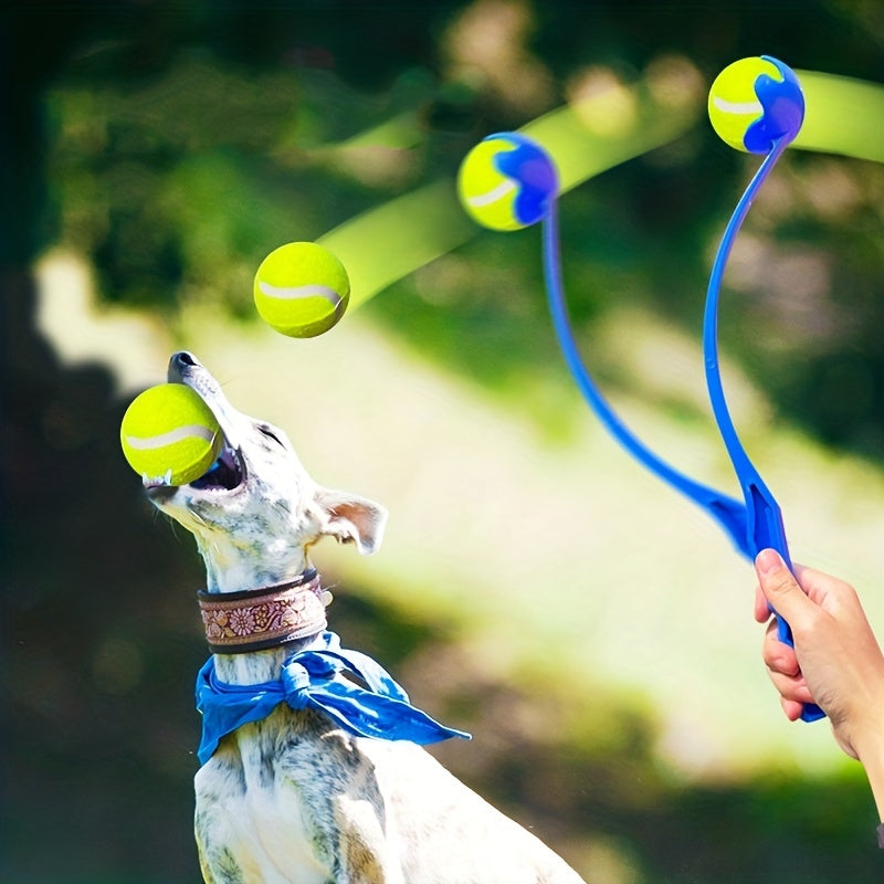 Hand-held ball thrower with tennis ball
