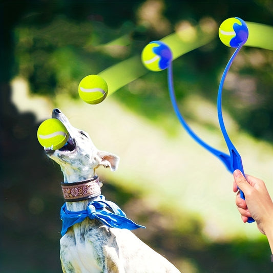 Hand-held ball thrower with tennis ball