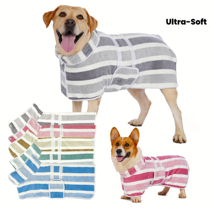 Striped dog drying robe fastened on a large dog