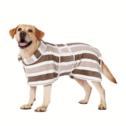 Dog wearing the robe after a bath