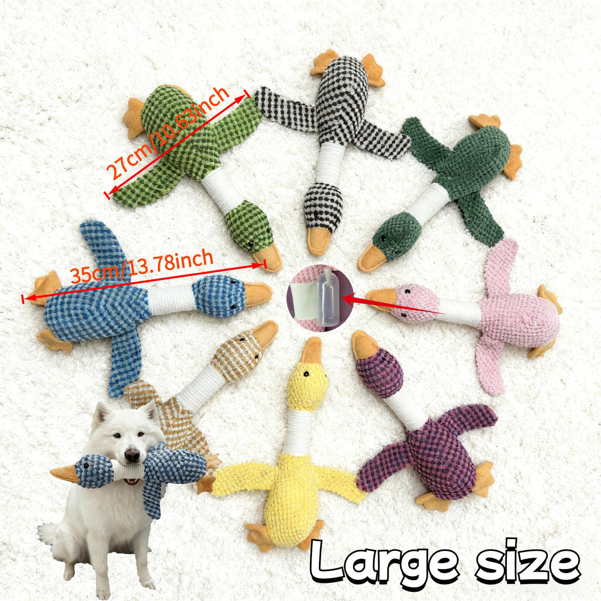 Goose toy held by a dog