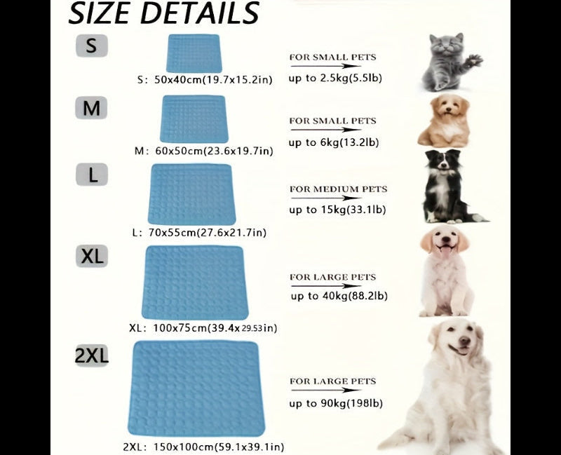 Size guide: each mat size with its dimensions and the dog it suits