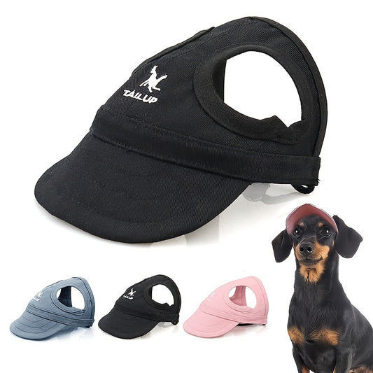 TailUp dog baseball cap in black, with the TailUp logo on the front, ear holes and a chin strap. Colour options and a dachshund wearing one shown alongside.