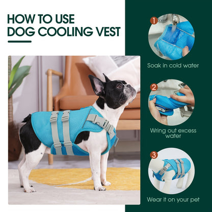 How to use the vest: soak in cold water, wring out the excess, then fit it on your dog
