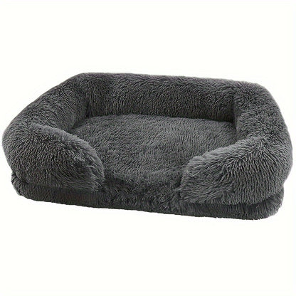 Long plush pet sofa bed with a dog lying on it
