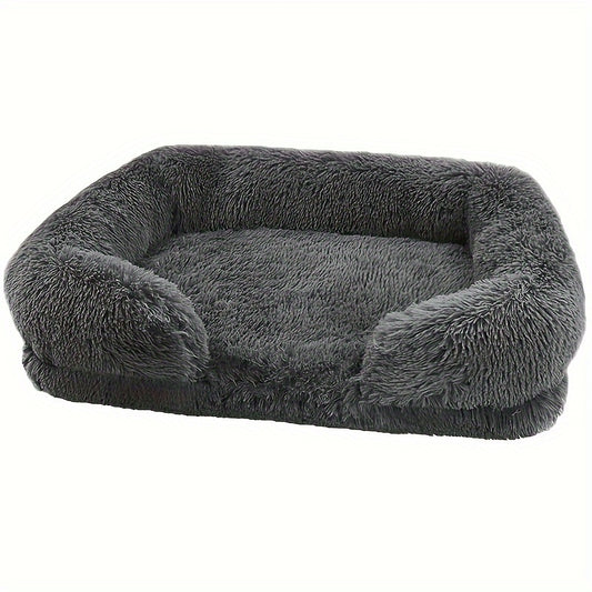 Long plush pet sofa bed with a dog lying on it