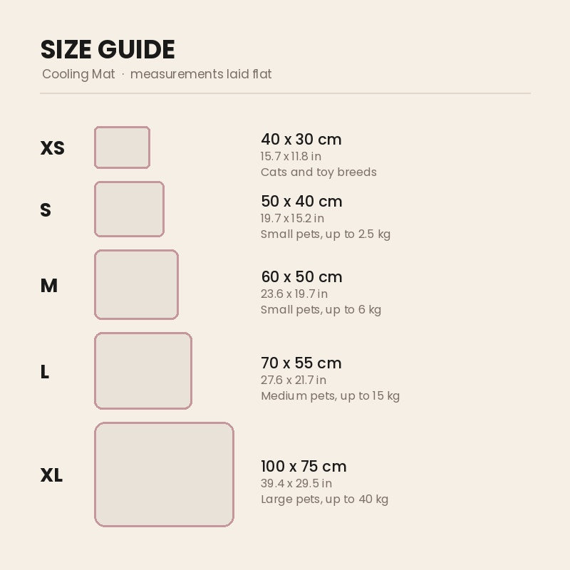 Size guide: mat dimensions from XS to XL, drawn to scale