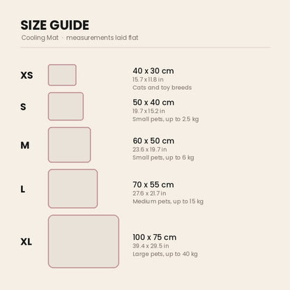 Size guide: mat dimensions from XS to XL, drawn to scale