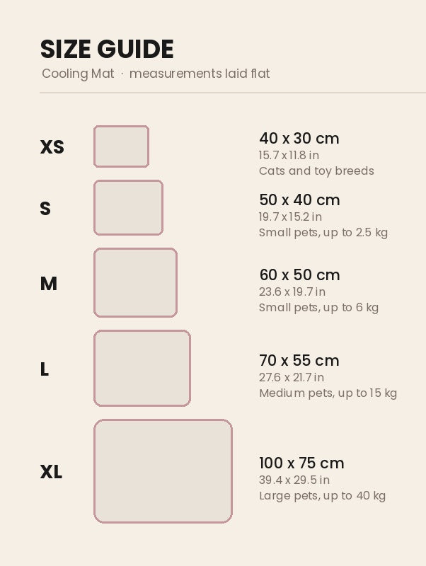 Size guide: mat dimensions from XS to XL, drawn to scale