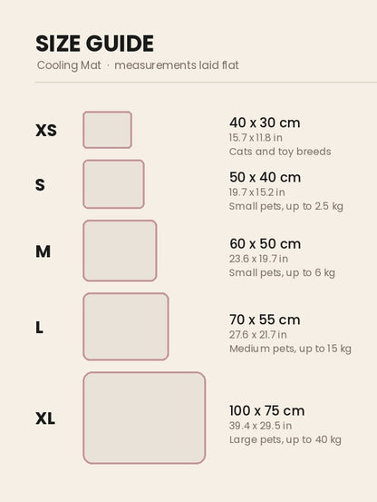 Size guide: mat dimensions from XS to XL, drawn to scale