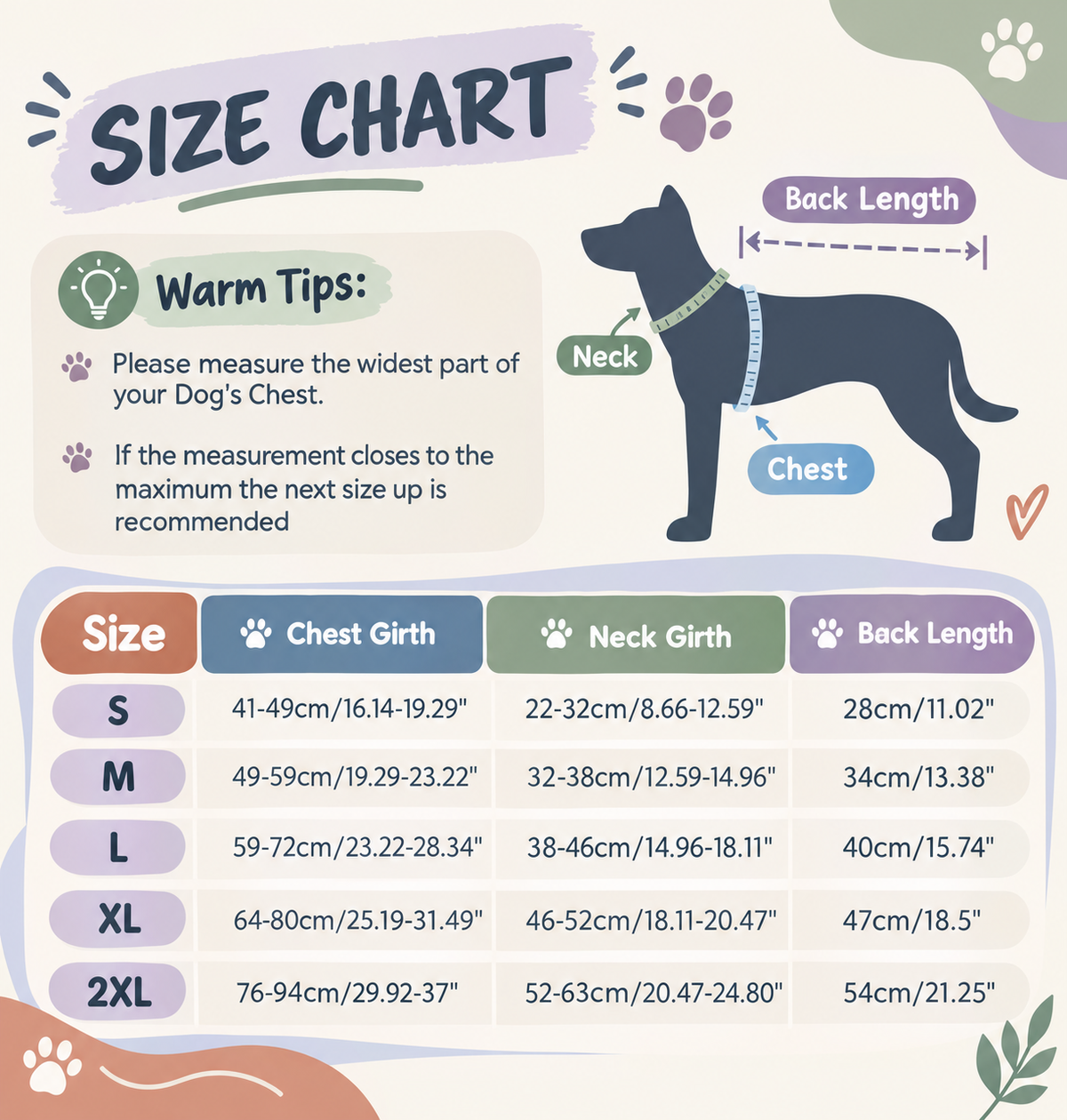 Size chart: chest girth, neck girth and back length for sizes S to 2XL, with measuring tips