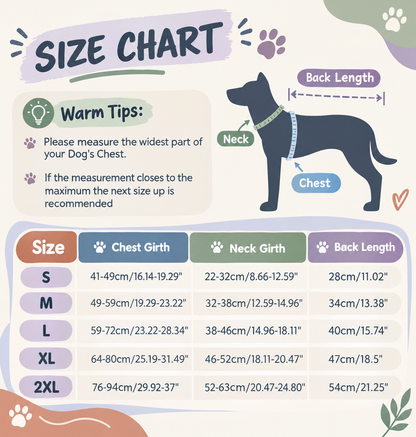 Size chart: chest girth, neck girth and back length for sizes S to 2XL, with measuring tips