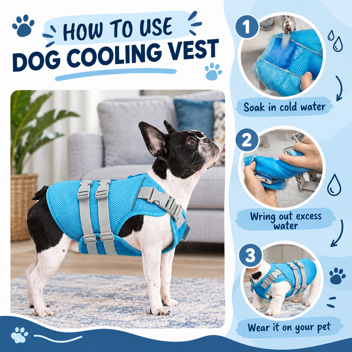 How to use the cooling vest: soak in cold water, wring out the excess, then fit it on your dog
