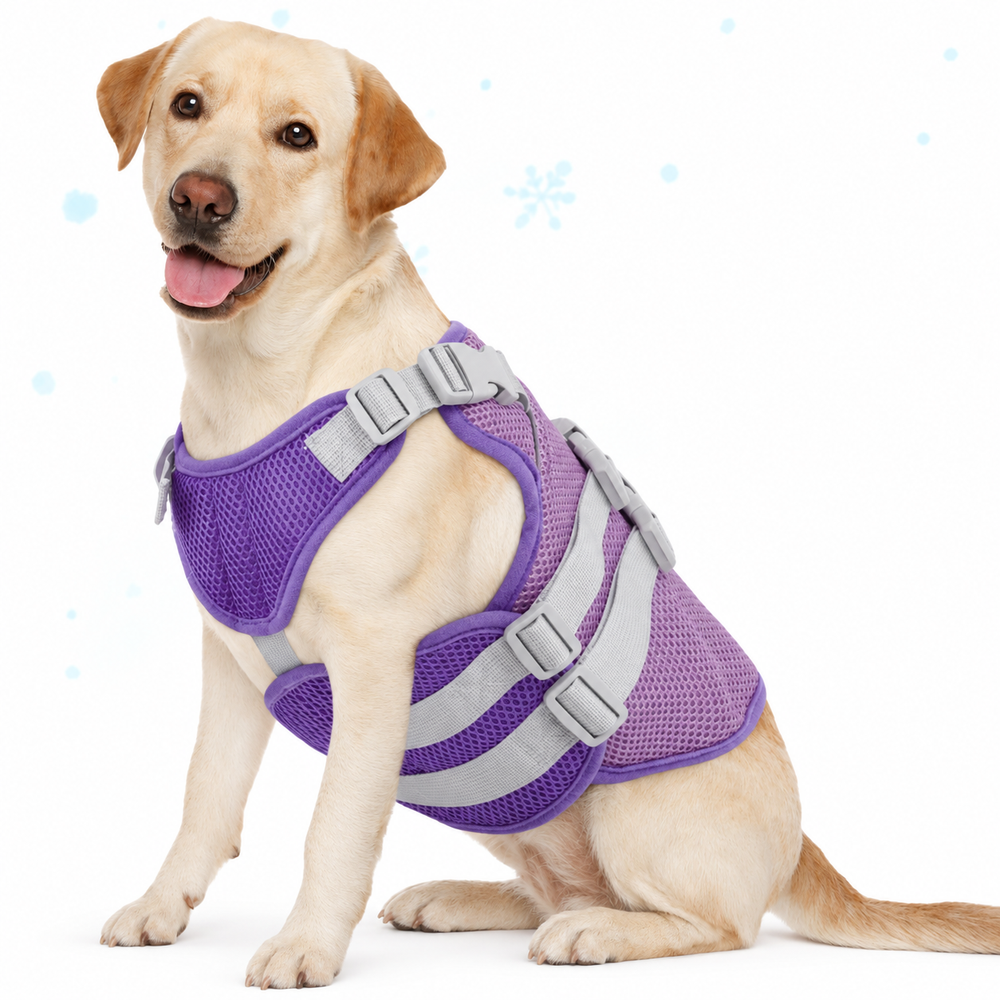 A labrador sitting in the purple cooling vest, showing the buckle and strap fit