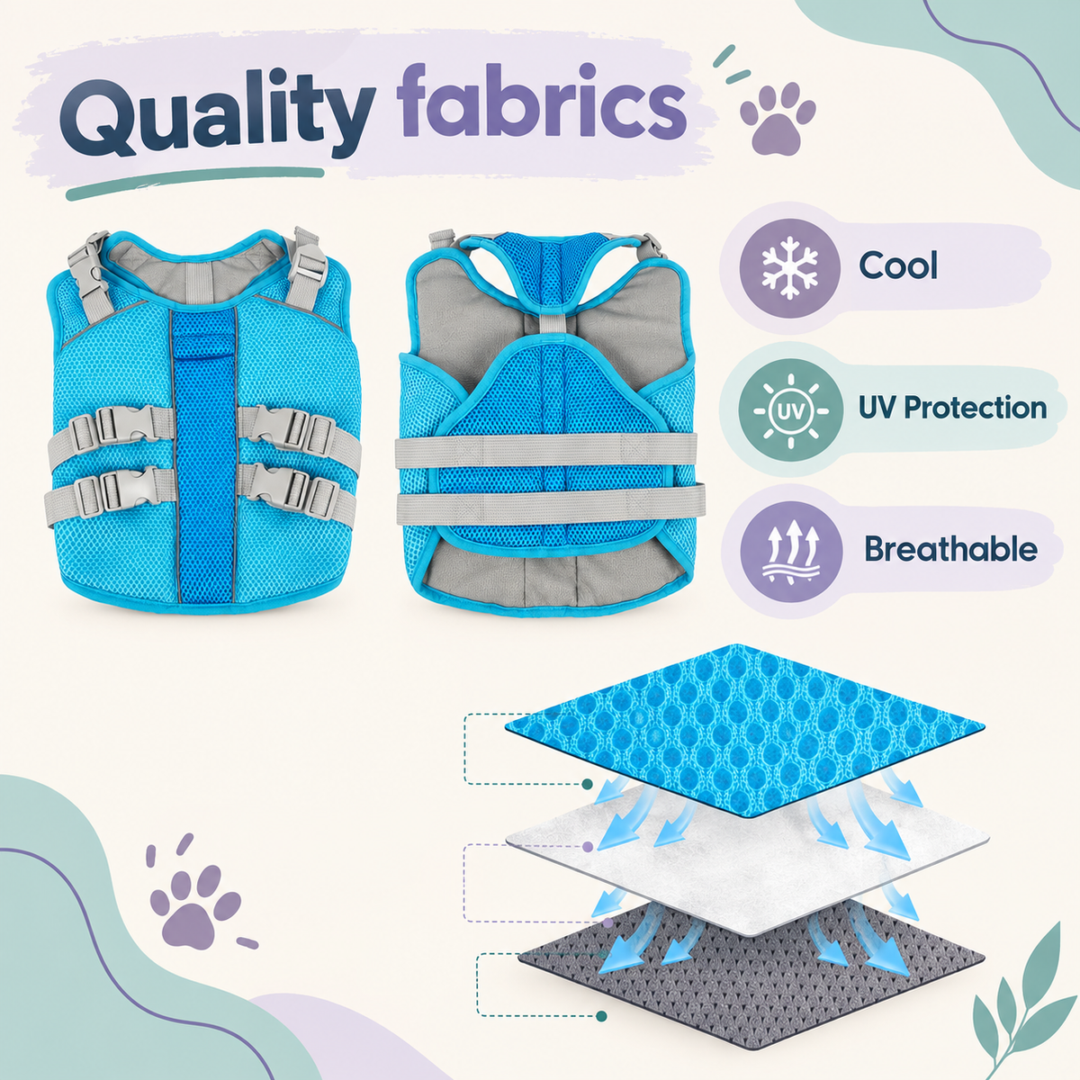 Quality fabrics: front and back of the vest, with a three-layer build that is cooling, UV protective and breathable